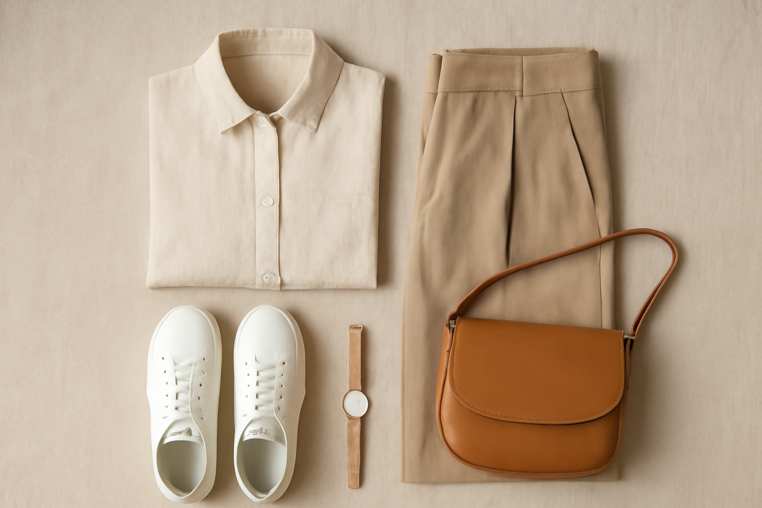 Paduan outfit warna netral berisi kemeja linen krem, celana kulot beige, sneaker putih, dan tas tan untuk OOTD akhir pekan
