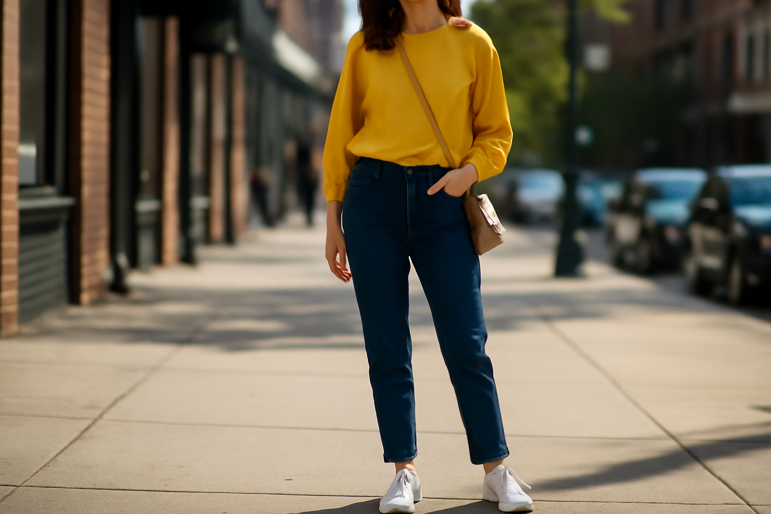 Wanita mengenakan blus kuning cerah dan celana denim biru untuk OOTD akhir pekan di jalan kota